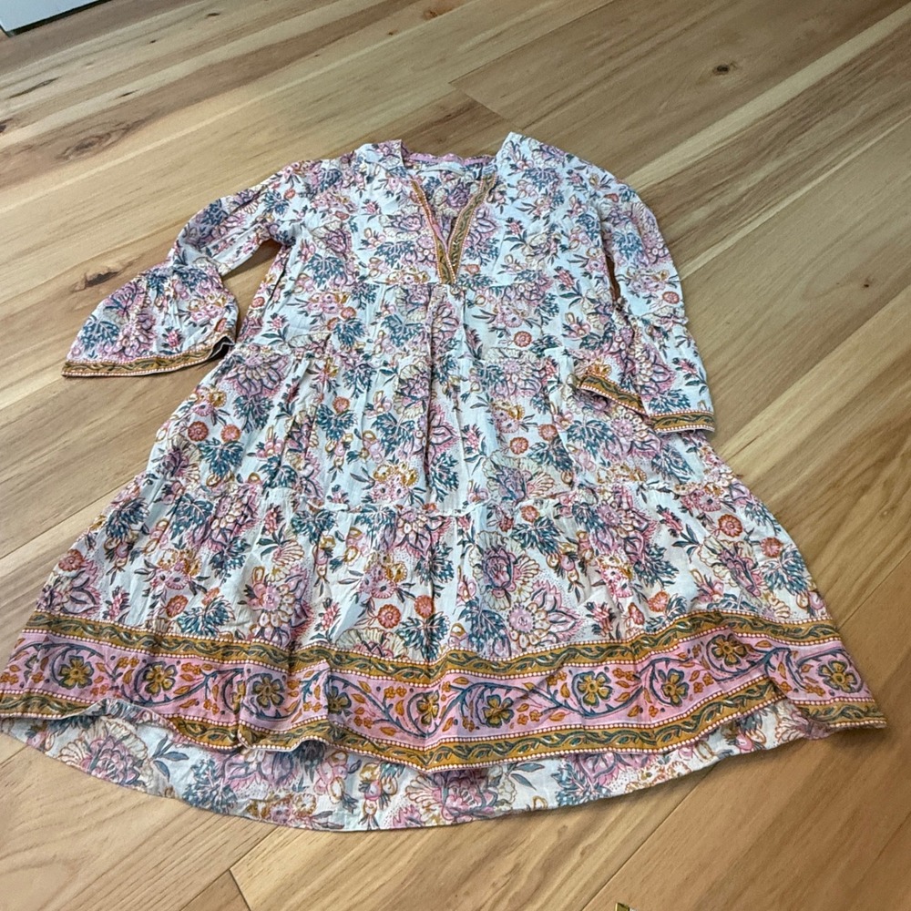 Lola Australia Boho Dress Women Size S Pink Floral Cotton Tiered Bell Sleeve
